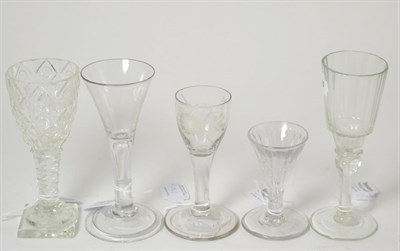 Lot 330 - An 18th century English wine glass with trumpet bowl, 15cm; two 19th century small wine...