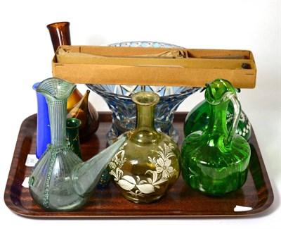 Lot 356 - # Two green glass ewers; a Mary Gregory style carafe; two Spanish drinking vessels; three...