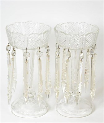 Lot 366 - A pair of cut glass table lustres with spear drops, 33cm high