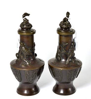 Lot 373 - ~ A pair of Japanese Meiji period bronze vases decorated with birds, 26cm high