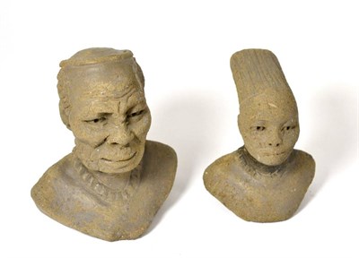 Lot 399 - # Two clay sculptures of tribal busts, one indistinctly signed, 15cm and 12cm high