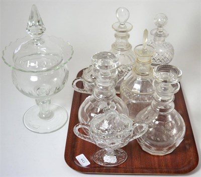 Lot 443 - ^ A pair of 19th century cut glass mallet decanters and stoppers, 27cm; a similar pair of decanters