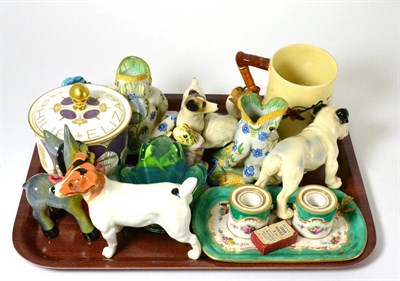 Lot 456 - A tray of assorted china to include Beswick figure of a Jack Russell terrier, a Crown Devon musical