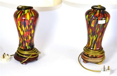 Lot 473 - # A pair of 20th century marbled glass table lamps of baluster form, 33cm, with shades