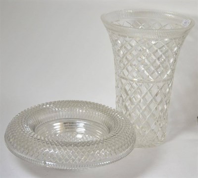 Lot 475 - A 19th century cut glass bowl with inverted rim, 38cm and a cut glass vase, 41cm