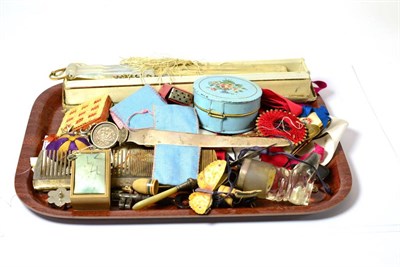 Lot 482 - ^ A French fan (a.f.) sewing accessories, needle cases, silver gilt mounted comb, button hook etc