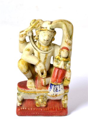 Lot 490 - An Indian carved, painted and gilt alabaster figure of a kneeling deity with an attendant, 18cm