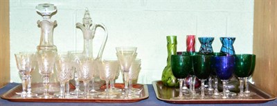 Lot 498 - # A group of 19th century glass including iridescent vases, decanters, coloured wines etc