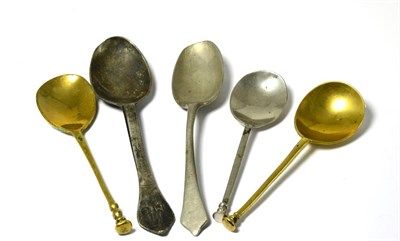 Lot 536 - Five 16th/17th century brass and pewter spoons