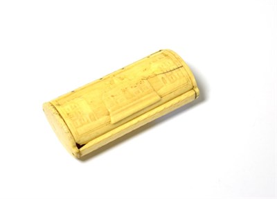 Lot 538 - A Napoleonic prisoner-of-war bone snuff box carved with a stylised Russian palace, the reverse...