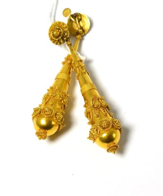 Lot 544 - A pair of Etruscan style drop earrings (a.f.), length 8cm