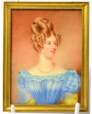 Lot 570 - Attributed to Alfred Edward Chalon (1780-1860), portrait of a lady, half length, wearing a blue...