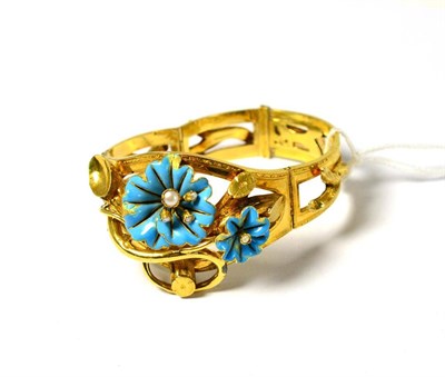 Lot 576 - Second Empire Paris floral bracelet in 18ct gold, blue enamel and pearls, with weight based...