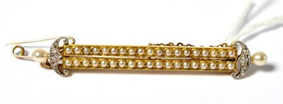 Lot 577 - An early 20th century bar brooch, inset with two rows of seed pearls with rose cut diamond end...