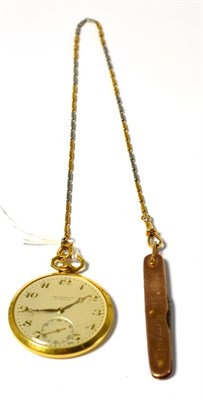 Lot 581 - ^ An 18ct gold open faced pocket watch, signed J.W.Benson, London, 1935, lever movement,...