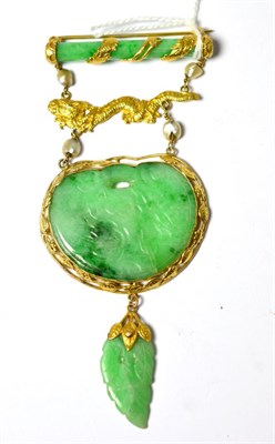 Lot 582 - A jade and pearl brooch/pendant, a jade cylinder with a dragon motif wrapped around, suspends perls