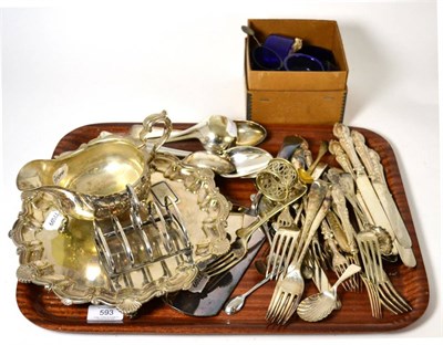 Lot 593 - A collection of silver plate including a sauce boat, a salver and a quantity of blue glass liners