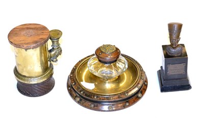 Lot 599 - A Georgian brass inkwell, a treen inkwell and a Victorian brass and walnut inkwell and an...