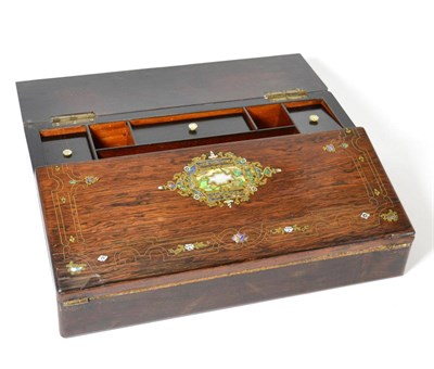 Lot 609 - Victorian rosewood lap desk with mother of pearl and brass inlay and bearing retailers label 'G & J