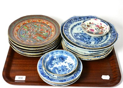 Lot 618 - Seven various 18th century Chinese blue and white dinner plates; a similar saucer dish, saucer...