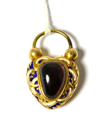 Lot 623 - A garnet and enamelled padlock pendant, the heart shaped lock with a carbuncle garnet...