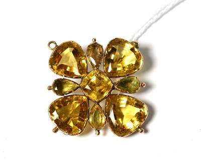 Lot 627 - A citrine cluster brooch, the five principal citrines in yellow claw settings, with four pear...