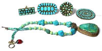 Lot 646 - Three turquoise set rings, a brooch and a necklace, all in a Mexican style