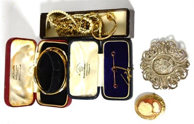 Lot 651 - A small quantity of jewellery including a 9 carat gold cameo brooch, two stick pins, a garnet...