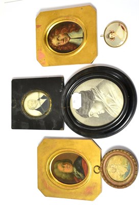 Lot 654 - A pair of miniature portraits after J Hoppner, painted on ovals in gilded frames, bears paper label