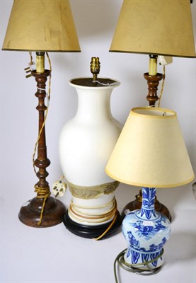 Lot 669 - ^ A pair of tall table lamps and shades, small blue and white baluster table lamp and shade and...