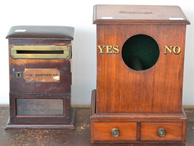 Lot 687 - ~ Late Victorian mahogany voting box, fitted two small drawers, together with an early 20th century