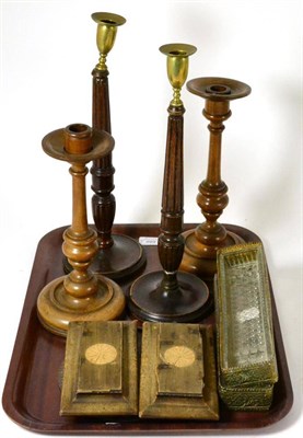 Lot 688 - ~ Two pairs of candlesticks, two glass inkstand dishes, two paperweights, three correspondence...