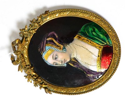 Lot 692 - A late 19th/early 20th century Limoges enamel miniature half length portrait of a 17th century lady