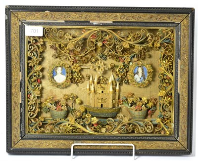 Lot 701 - A superb 18th century paperscroll three dimensional double portrait tableaux, in a glass...