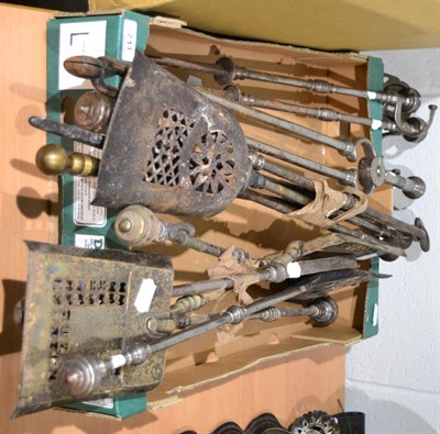 Lot 711 - ^ A group of part sets of steel fire implements (one box), a set of three fire irons and two...