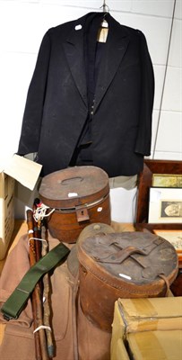 Lot 719 - # A moleskin top hat in leather box, duffle coat, a pith hat, a uniform, a hat box containing a...