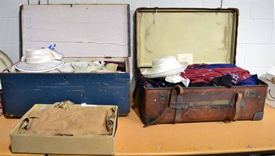 Lot 734 - ^ A leather trunk, blanket chest enclosing a quantity of ladies and gents costume, textiles,...