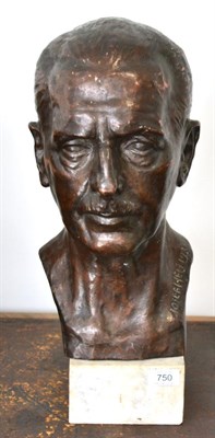 Lot 750 - A bronze bust of a gentleman signed Josef Hue, (1875-1952), dated 1938, raised on a marble...