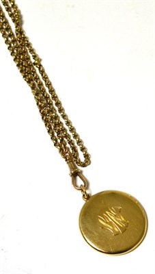 Lot 756 - A circular locket and a fancy-ling guard chain, the locket engraved with initials 'WT',...