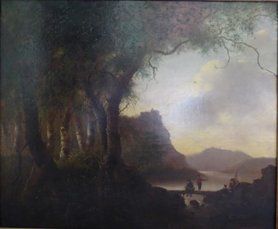 Lot 1003 - Follower of Richard Wilson (19th century) Anglers at a lakeside with a view of a cliff top...