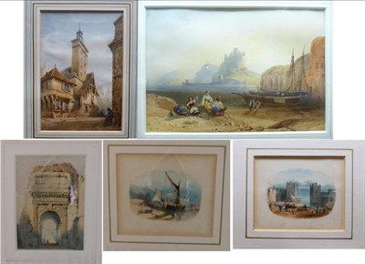 Lot 1004 - Attributed to Thomas Shotter Boys (1803-1894) Continental town with figures, indistinctly...