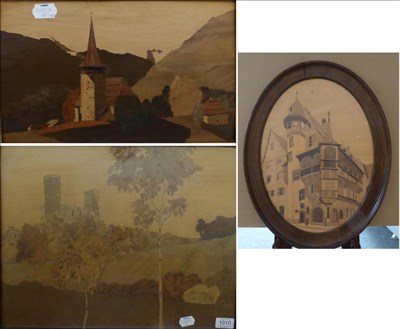 Lot 1010 - A Spindler marquetry panel ";Andlau";, 37cm by 48cm; a similar panel ";Swiss Village";, 18.5cm...