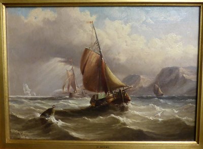 Lot 1017 - Henry Moore RA (1831-1895), Shipping in a squall, signed, oil on canvas, 24cm by 34cm