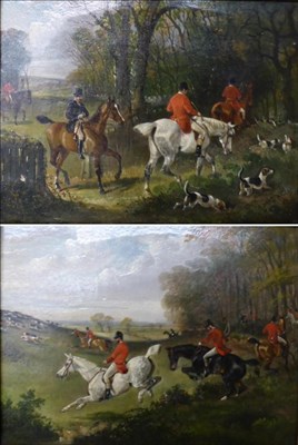 Lot 1019 - Follower of H Alken (19th century) Hunt and hounds entering a wood; The hunt in pursuit, oil on...