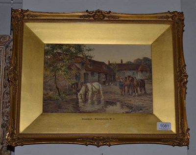 Lot 1081 - Harold Swanwick RI (1866-1929) ";A Sussex Farmyard";, signed, bears original inscribed and...