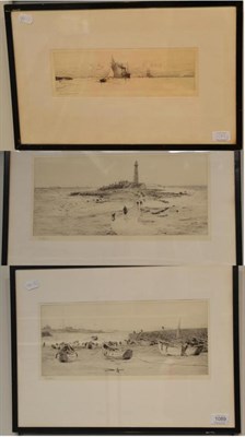 Lot 1089 - William Lionel Wyllie RA RBA RE RI NEAC (1851-1931) Figures approaching a lighthouse, signed in...