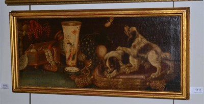 Lot 1111 - Follower of Cittadini (1616-1681) Spaniels on a velvet cushion with a still life of fruit, a...