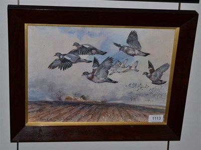 Lot 1113 - Frank Southgate, RBA (1872-1916) Racing pigeons in flight over farmland, signed, watercolour,...