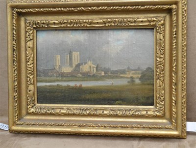 Lot 1114 - John Rathbone (1750-1807) York Minster from the Ouse, signed, oil on canvas, laid down on...