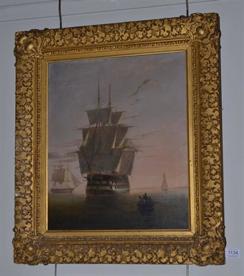 Lot 1134 - Circle of John Ward of Hull (1798-1849) A rowing boat approaching a galleon, oil on panel, 44cm...